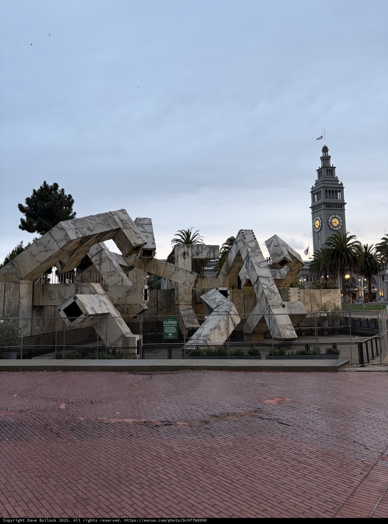Vaillancourt Fountain and Ferry Building Clock Tower on Overcast Day
