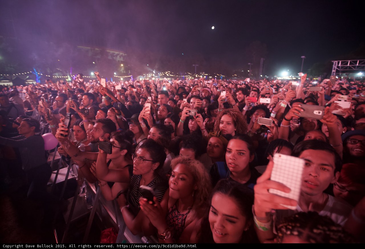 FYF Fest Wide Crowd Moon Night Phones Grid Case Curly Hair Woman Stage Scaffolding String Lights Diverse