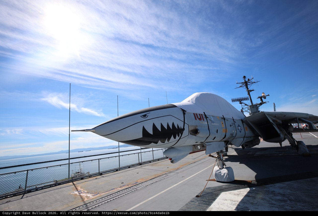 F-14 Tomcat with Shark Mouth on USS Hornet Deck