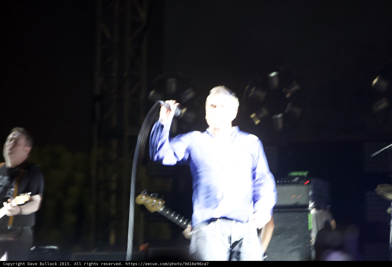Morrissey Motion Blur Swinging Mic Cord Blue Shirt Guitarist Scaffolding Stage Lights Dark