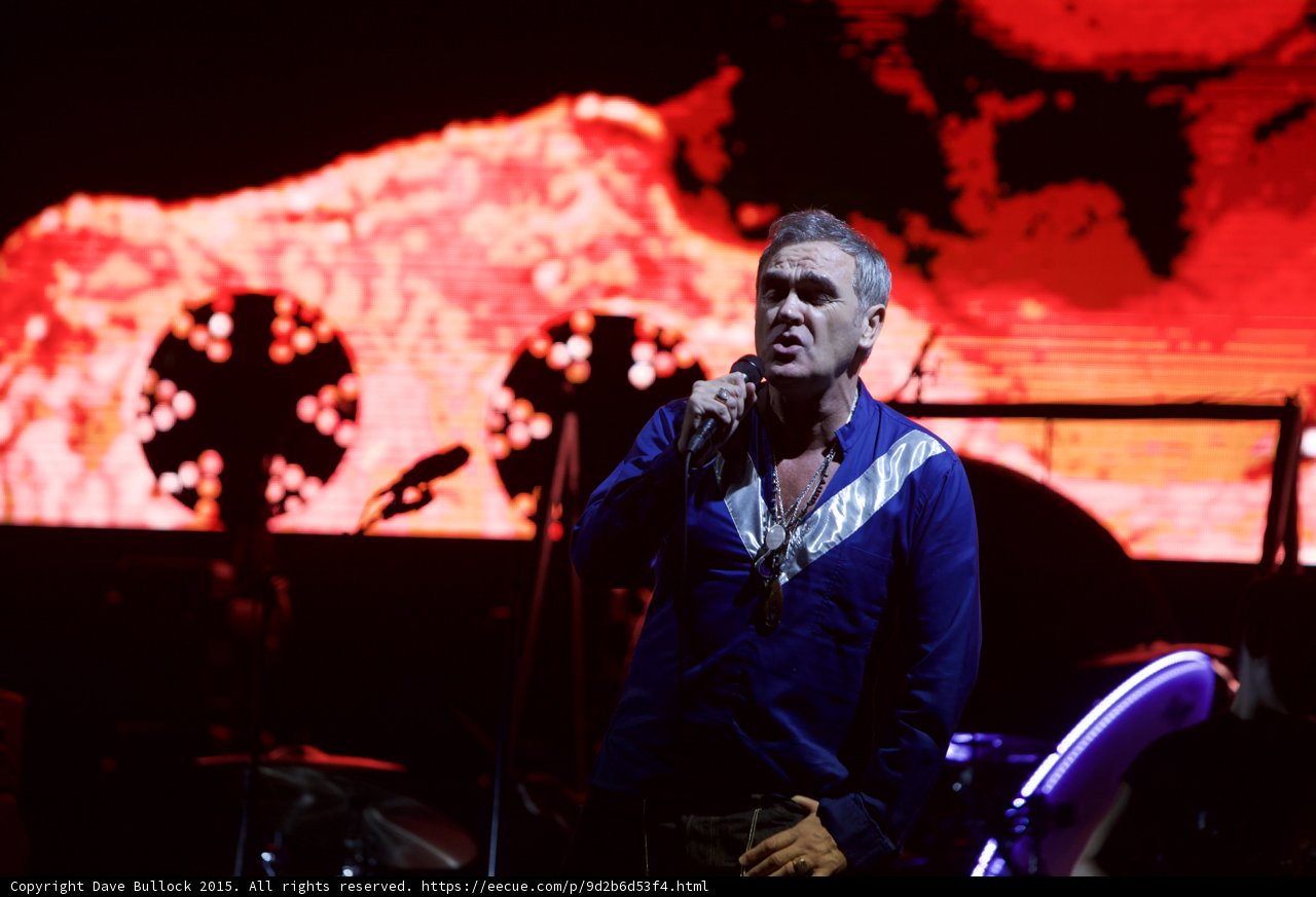 Morrissey Singing Hand On Hip Blue Shirt Two Circular Lights LED Drum Head Purple Red Video Screen