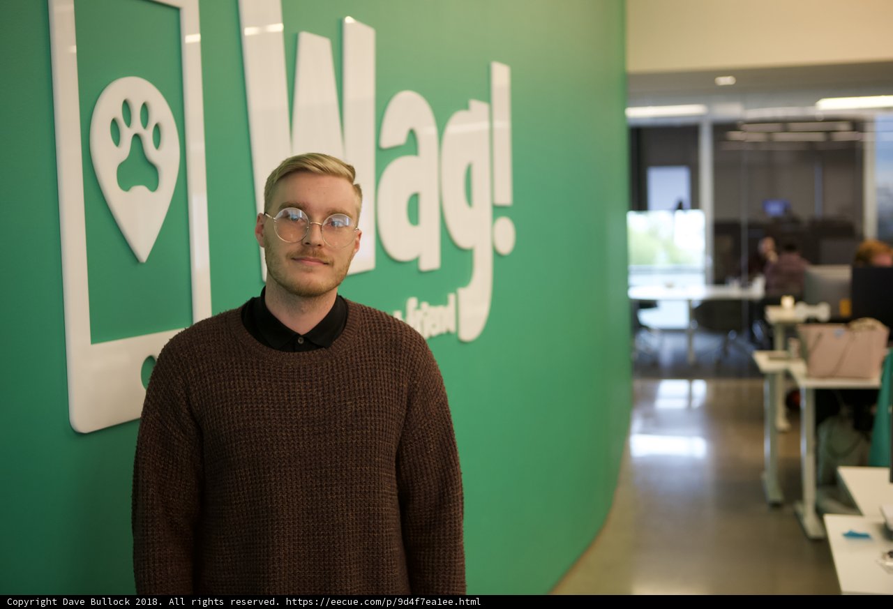 Sweater-clad man poses before wag logo