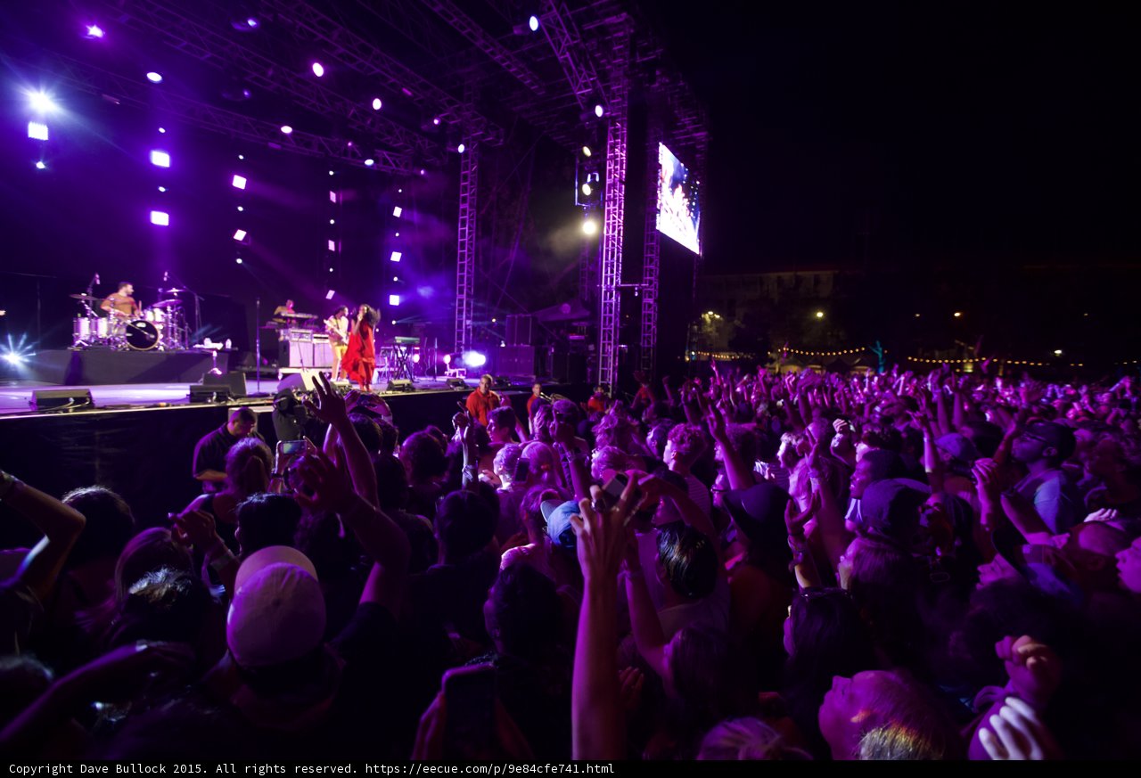 FYF Fest Wide Crowd Stage Solange Red Dress Band Video Screen Purple Night