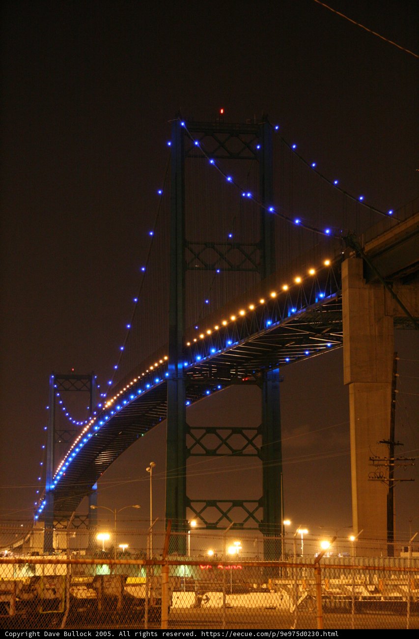 Suspension bridge illuminated at night