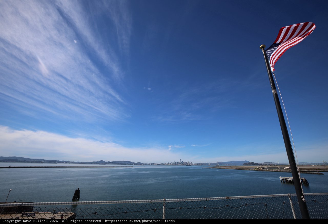 American Flag Over San Francisco Bay from USS Hornet