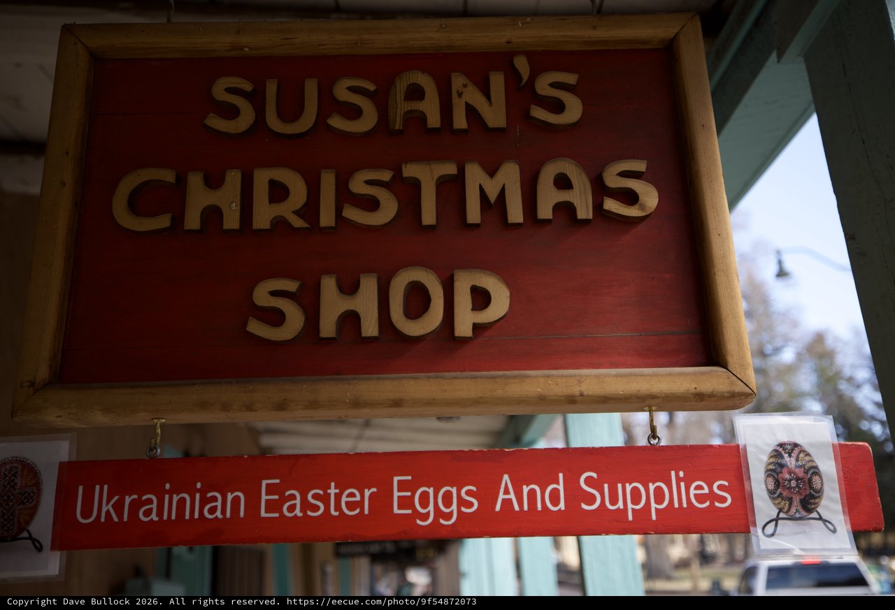 Susan's Christmas Shop Sign with Ukrainian Easter Eggs