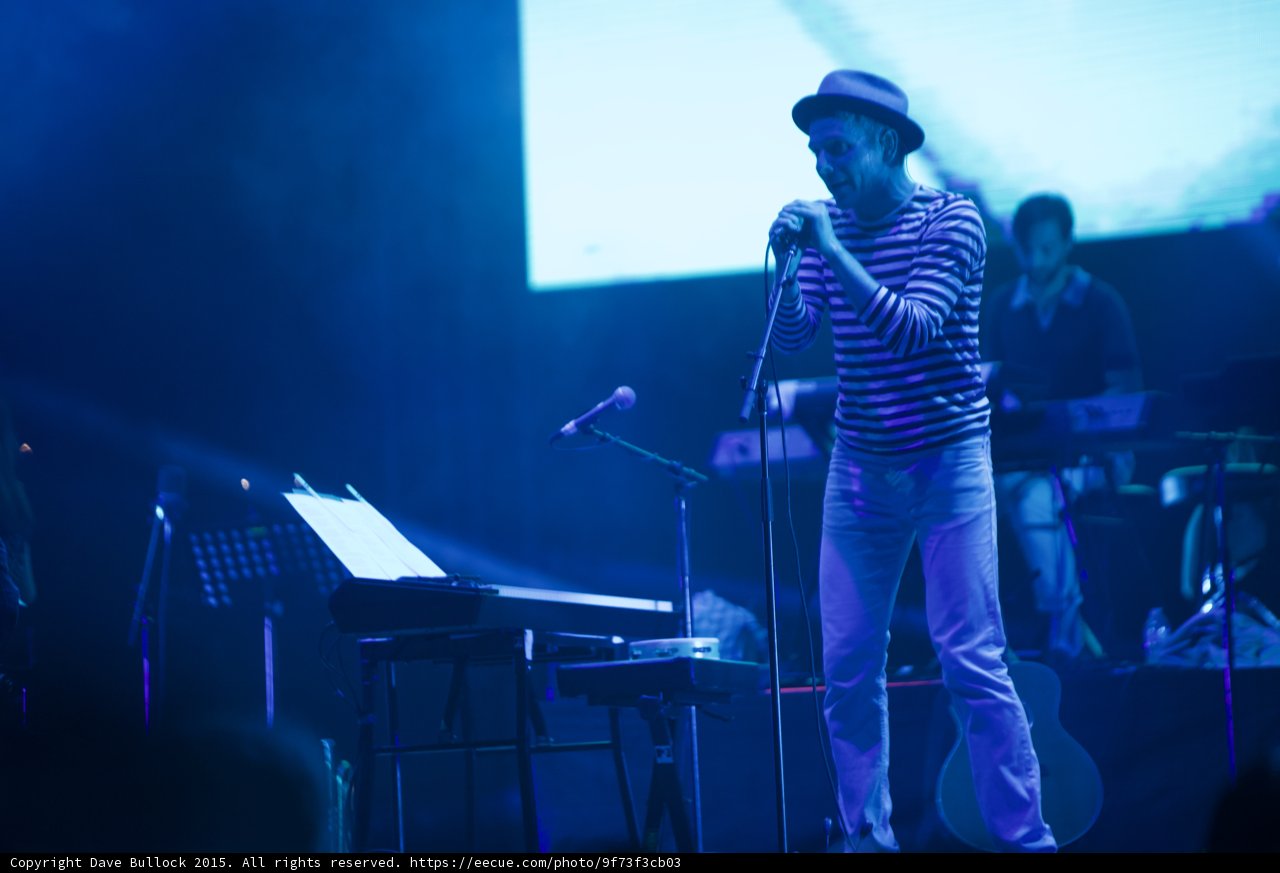 Belle and Sebastian Stuart Murdoch Profile Singing Fedora Striped Shirt Spotlight Beam Blue