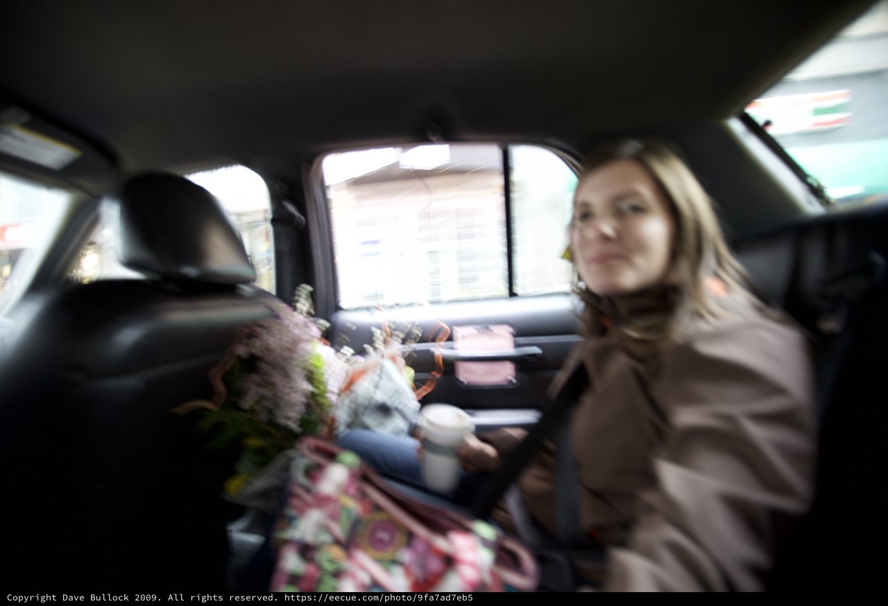 Woman in Taxi with Flowers on Valentine's Day