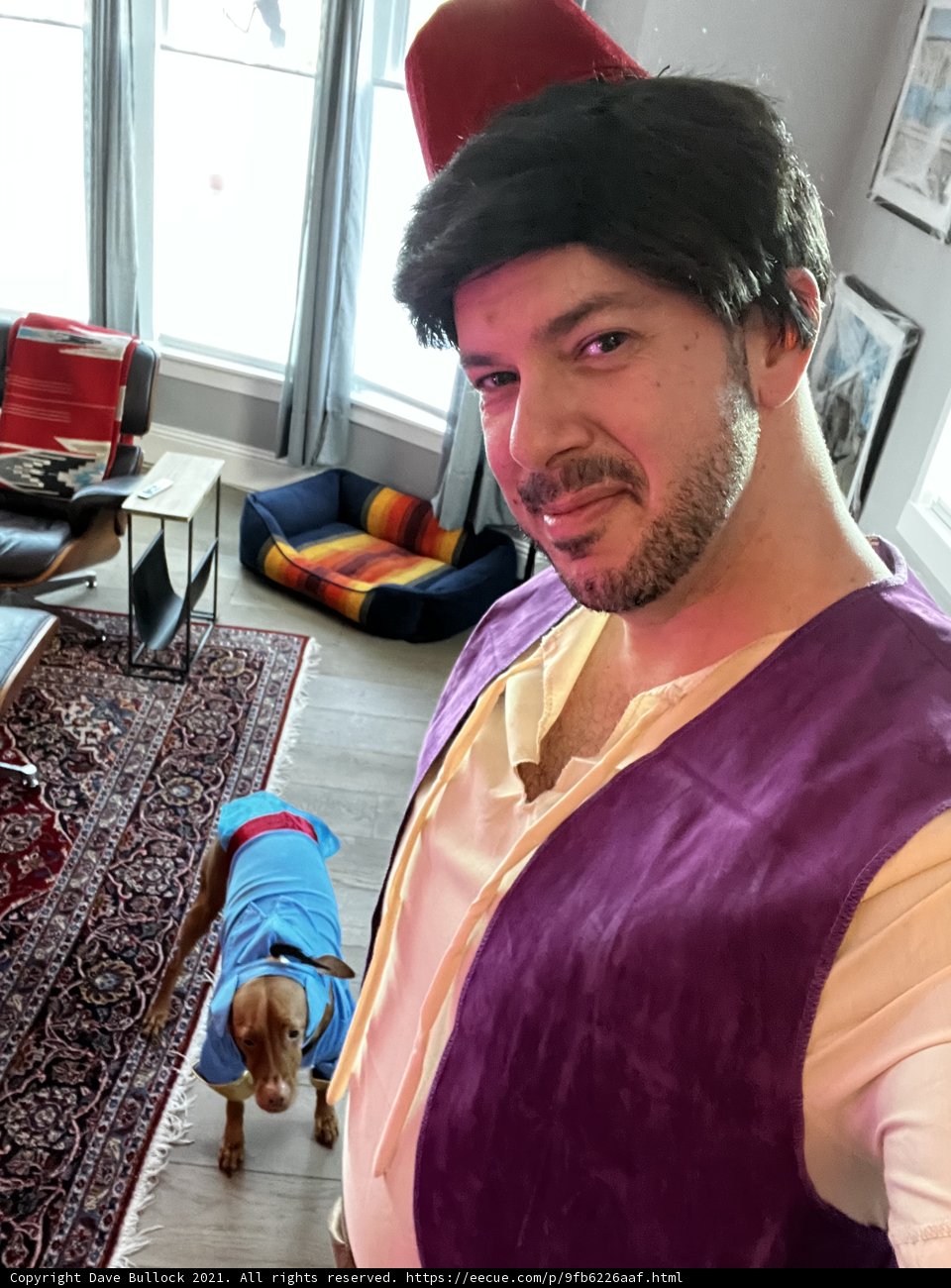 Man and His Canine Companion in Purple