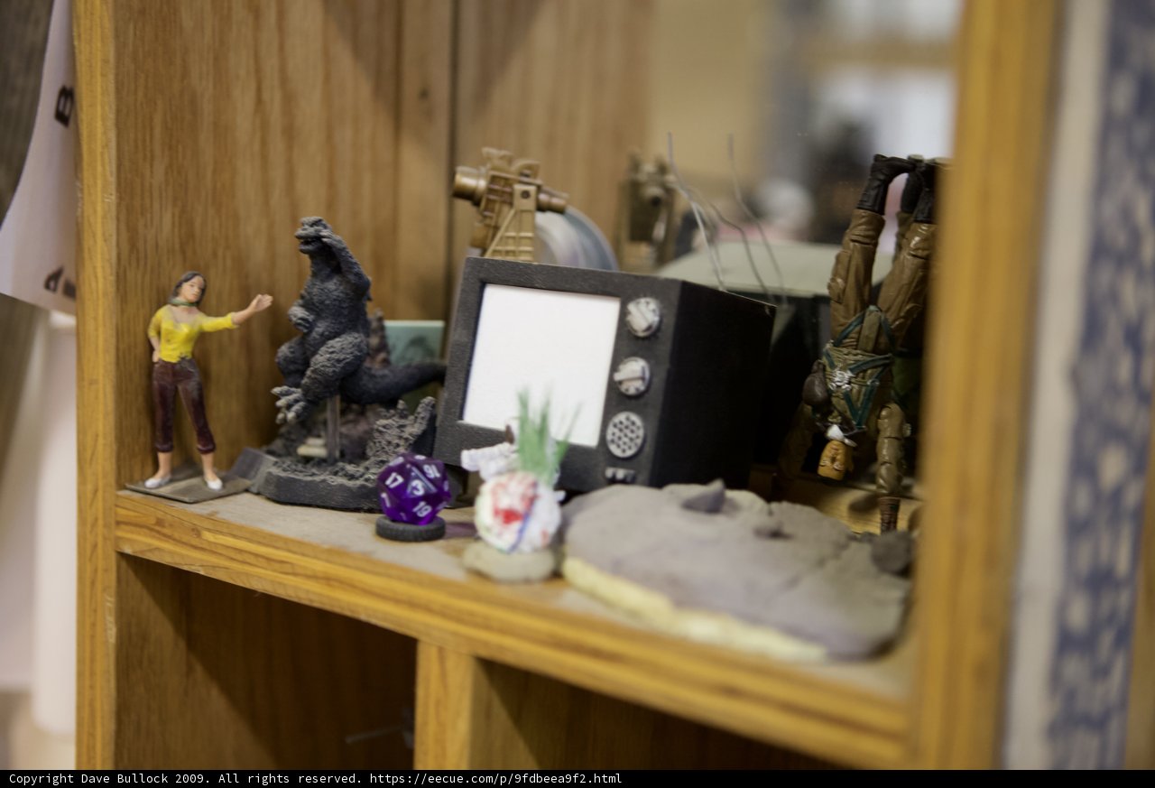 Wooden Shelf with Figurines and Toys