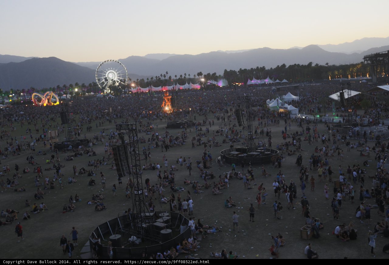 City of Sounds Caption: A bustling crowd at Coachella Festival 2014 enjoying the sounds of the desert.
