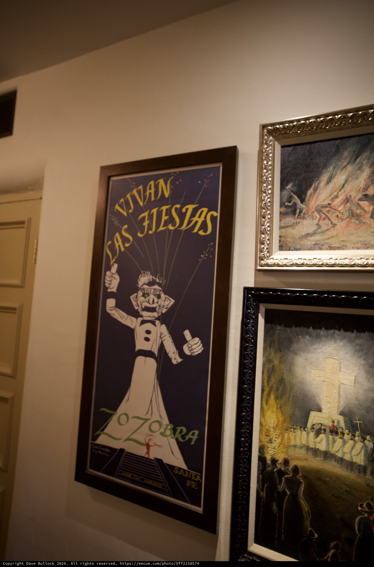 Framed Vintage Fiesta Poster and Religious Art Display