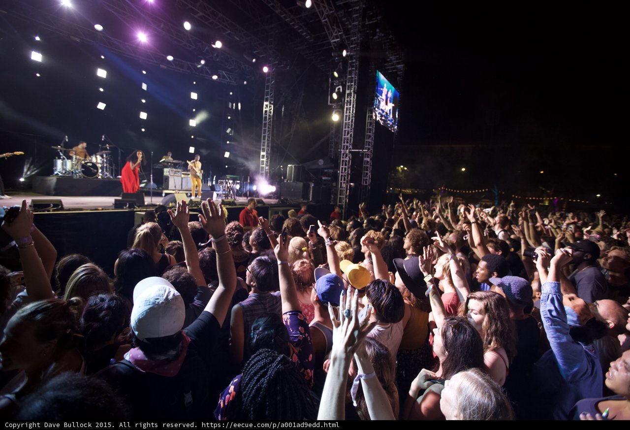 FYF Fest Wide Crowd Stage Solange Red Dress Guitarist Spotlight Beams Night