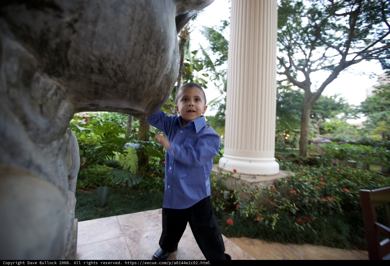 Boy and Statue on Flagstone Walkway