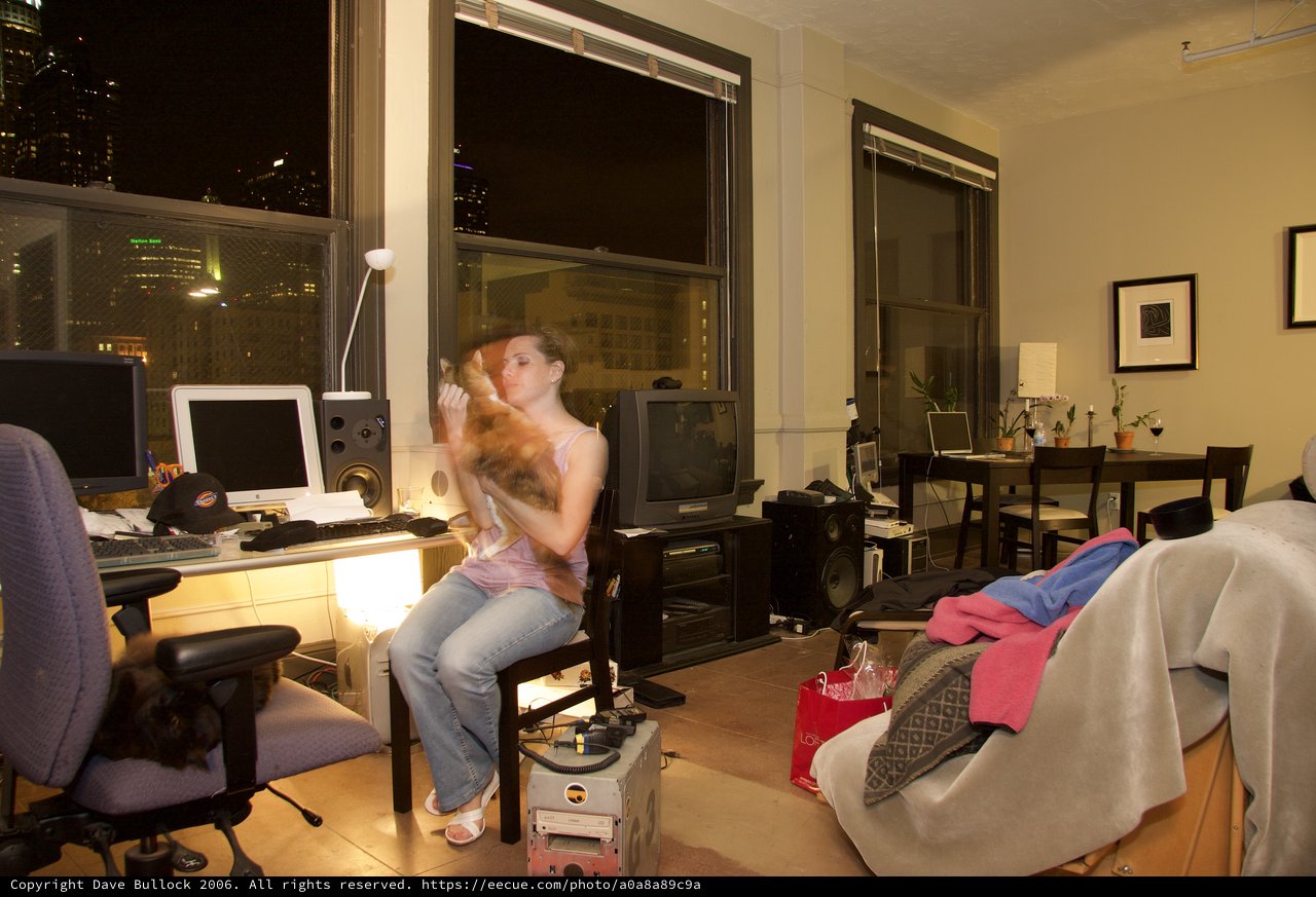 Woman Cuddles Cat in Urban Loft Apartment at Night