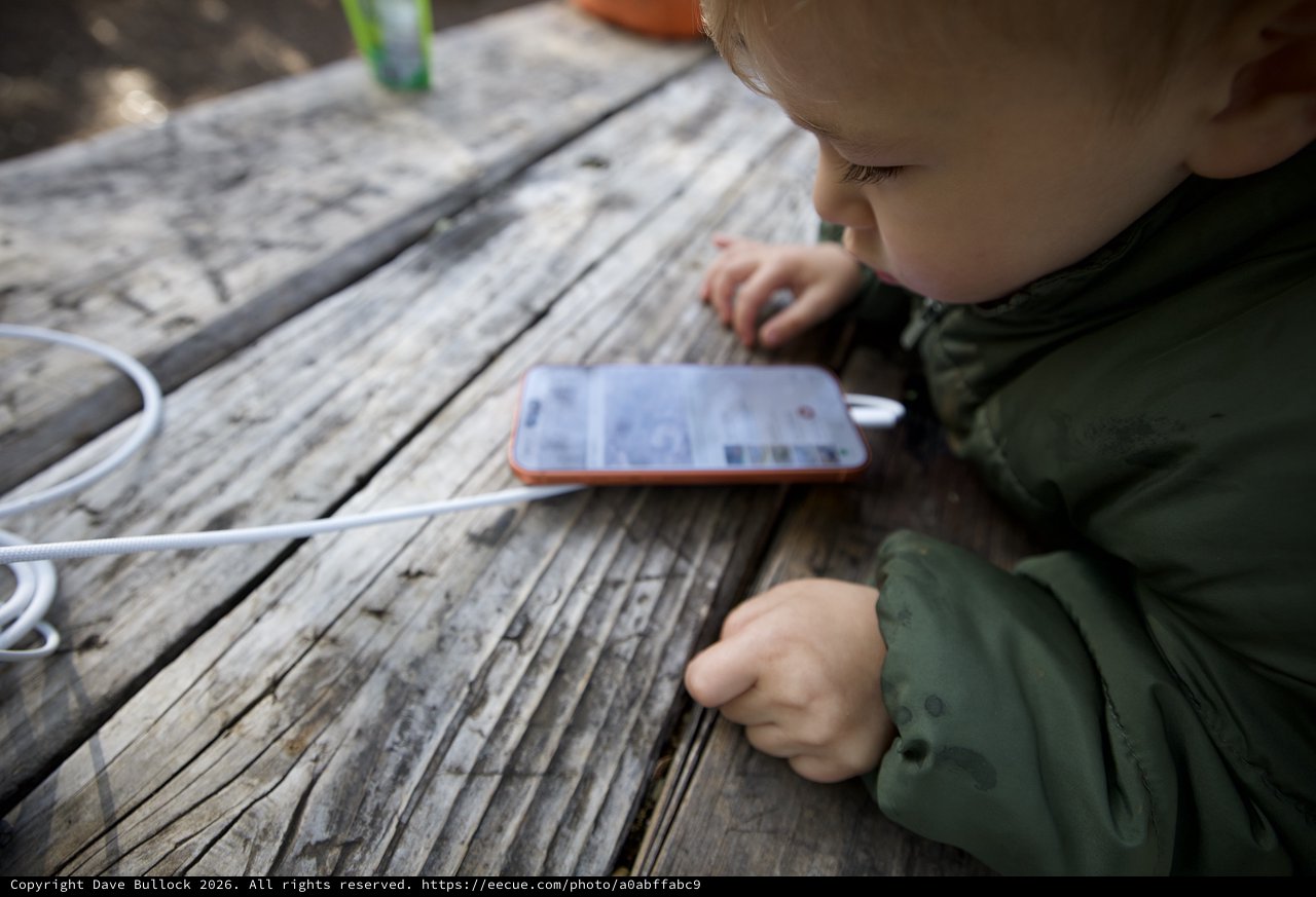 Curious Toddler Explores Smartphone at Picnic Table