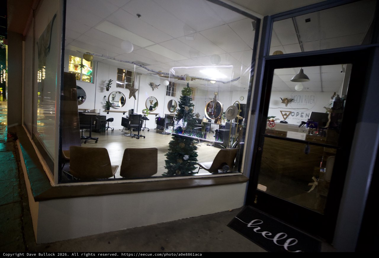 Hair Salon Window View with Holiday Decorations