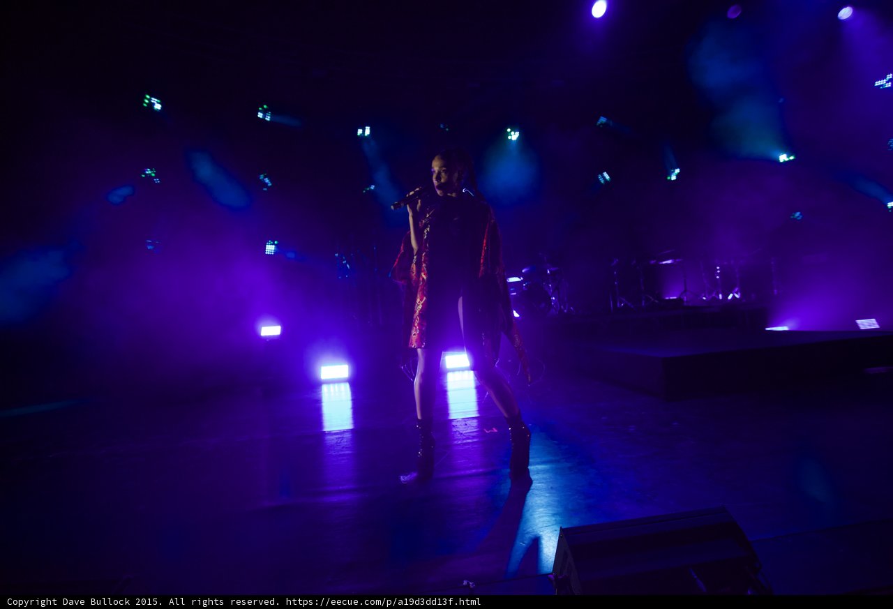 FKA twigs Full Body Wide Standing Singing Kimono Flowing Blue Purple Lighting LED Panels Band Drums Atmospheric Haze
