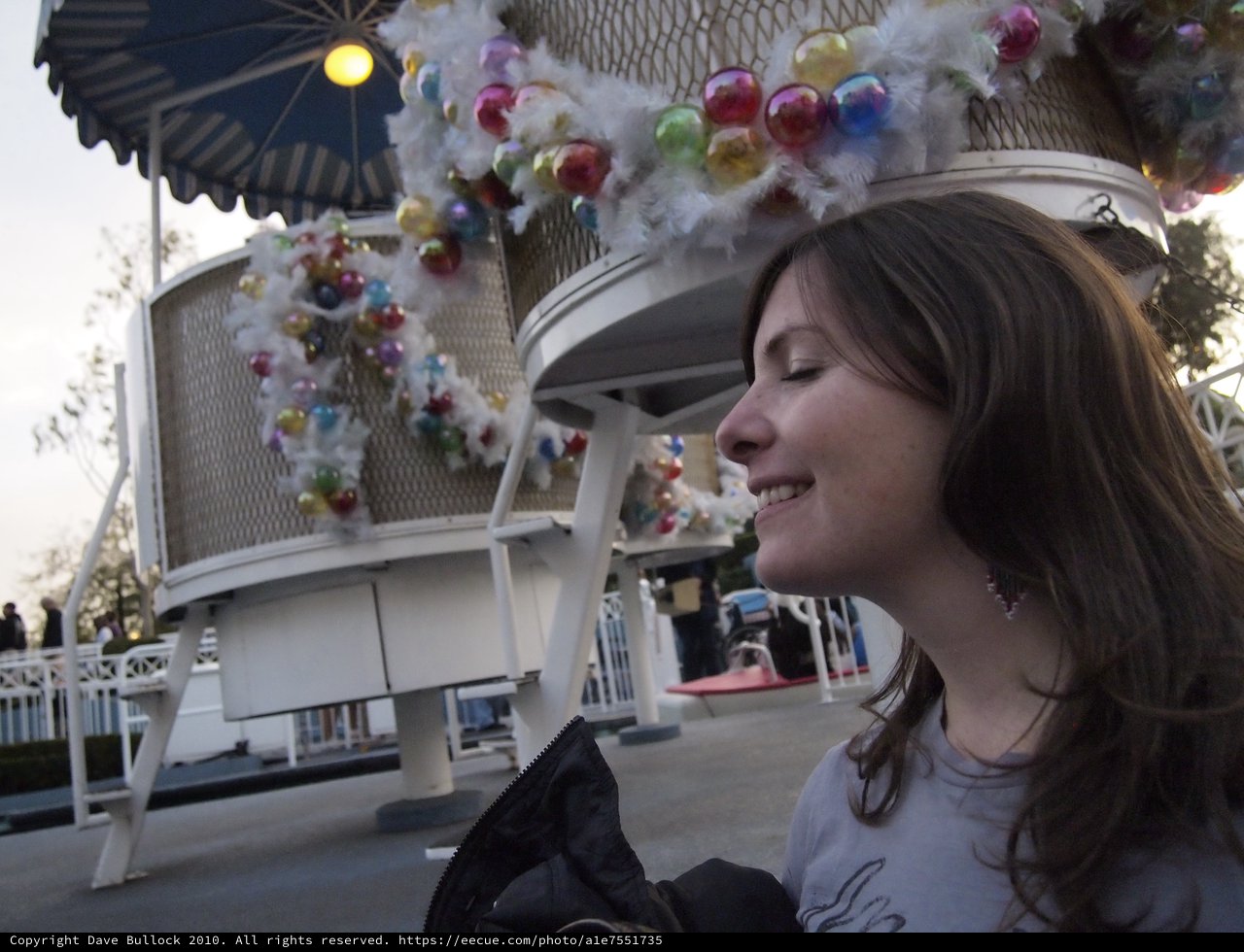 Smiling Woman at Disneyland During Christmas Season