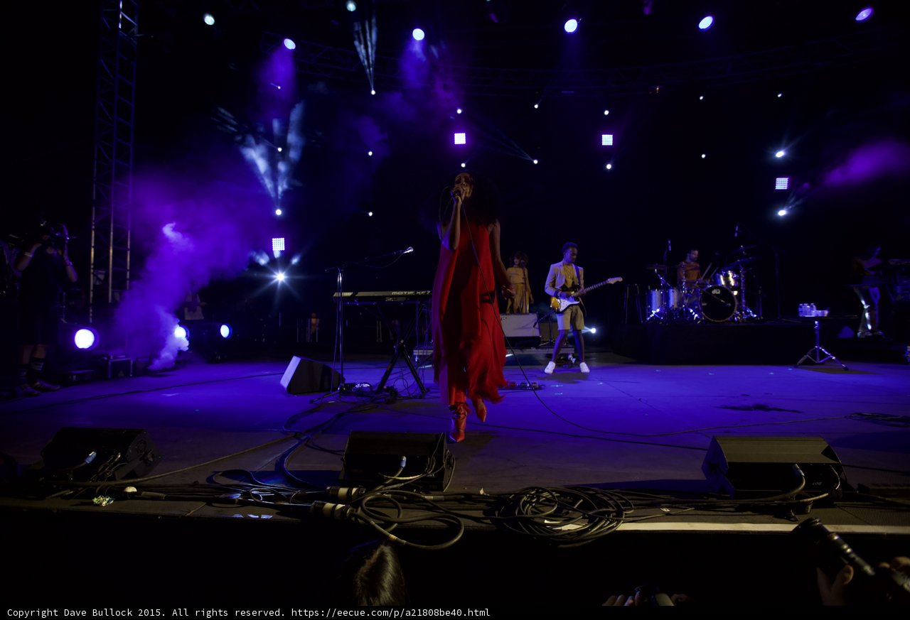Solange Red Dress Singing Band Spotlight Beams