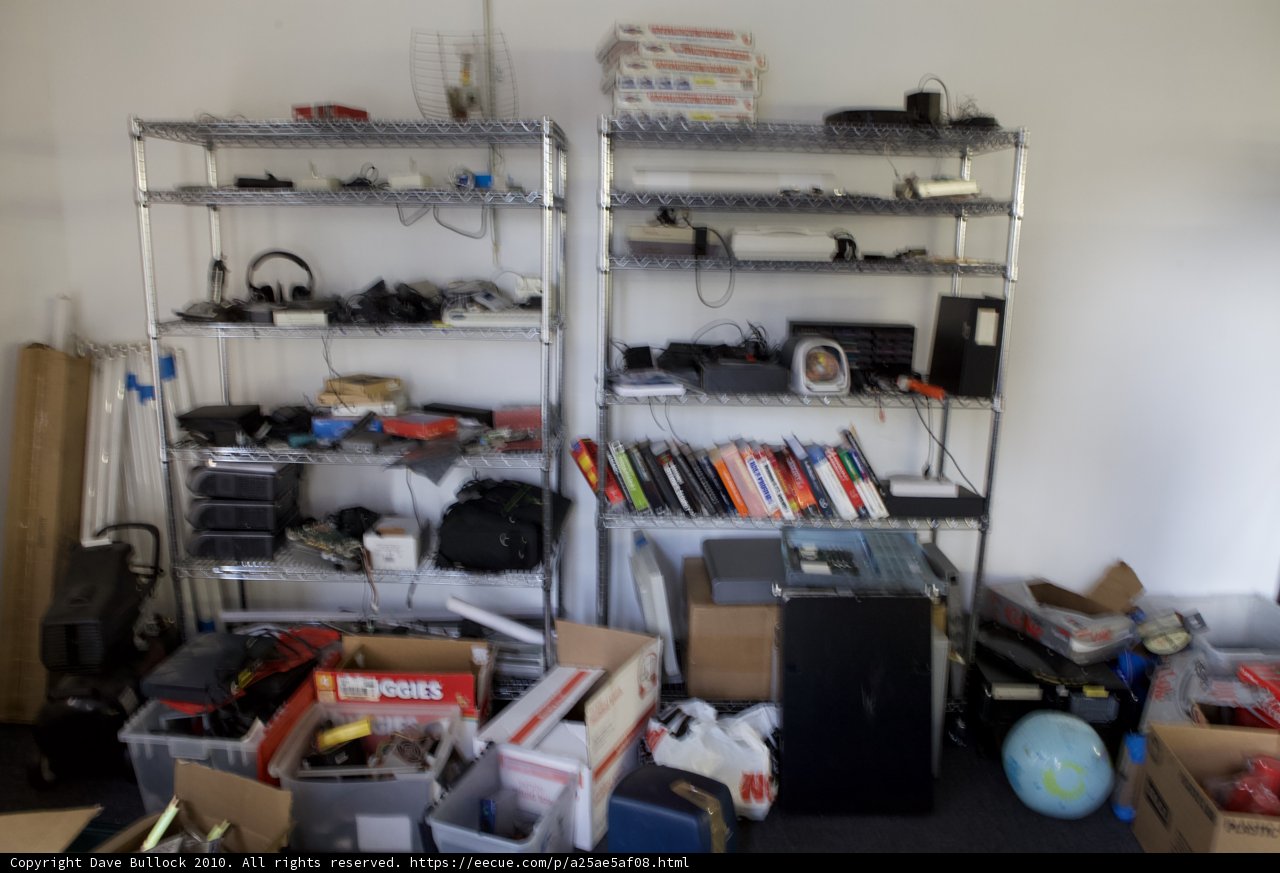Cluttered Shelves in a Busy Room