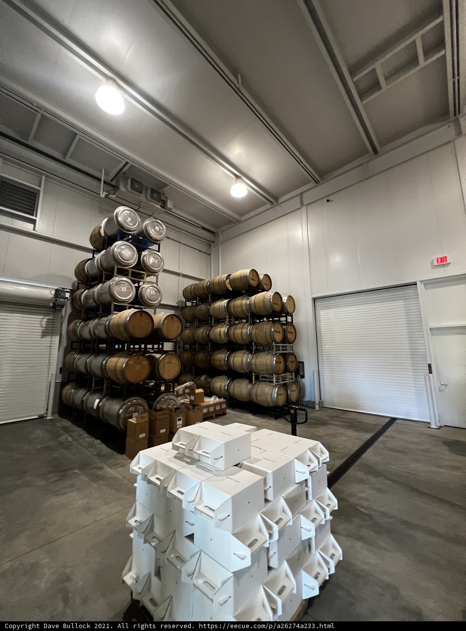 Warehouse stocked with barrels and boxes in Napa Valley
