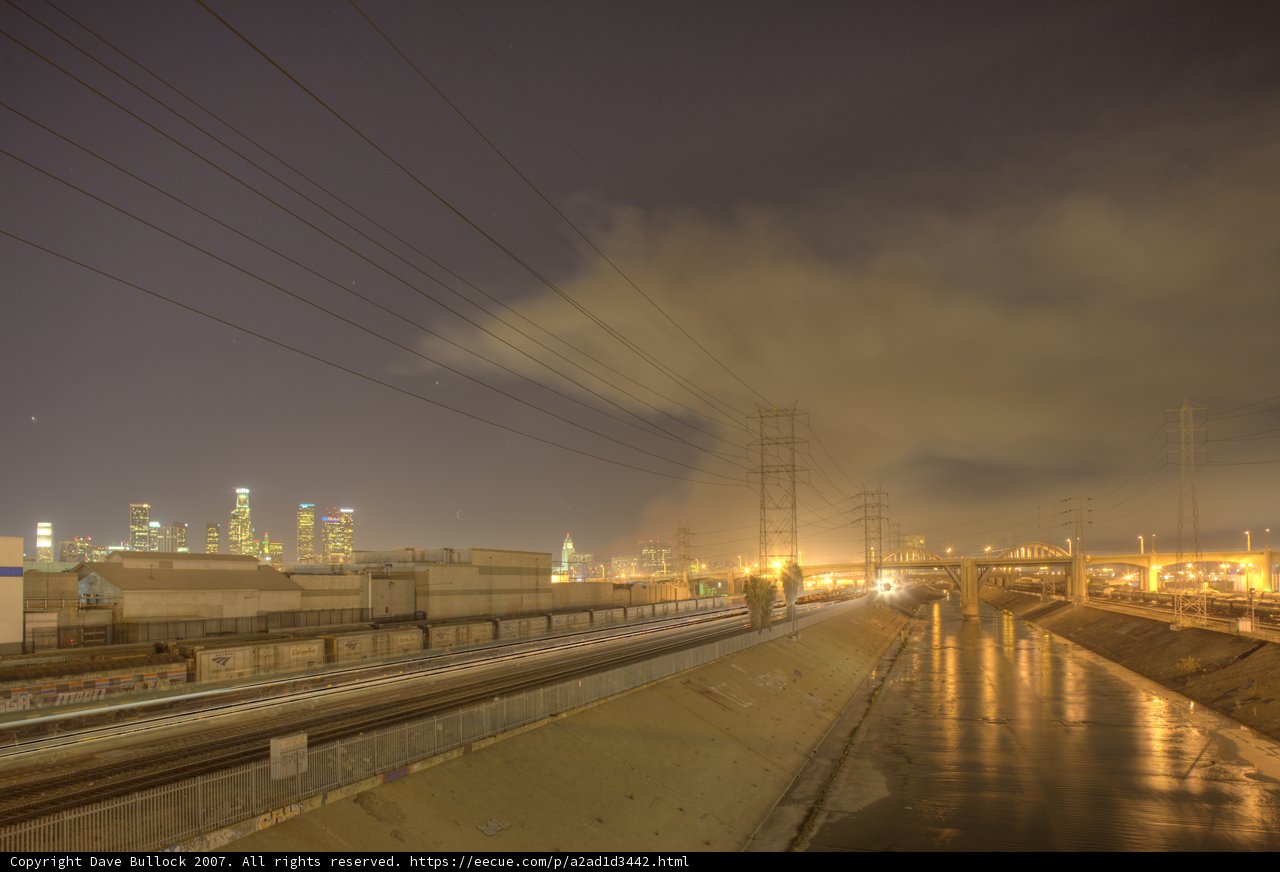 Downtown LA, Griffith Park Fire and LA River from 7th Street Bridge