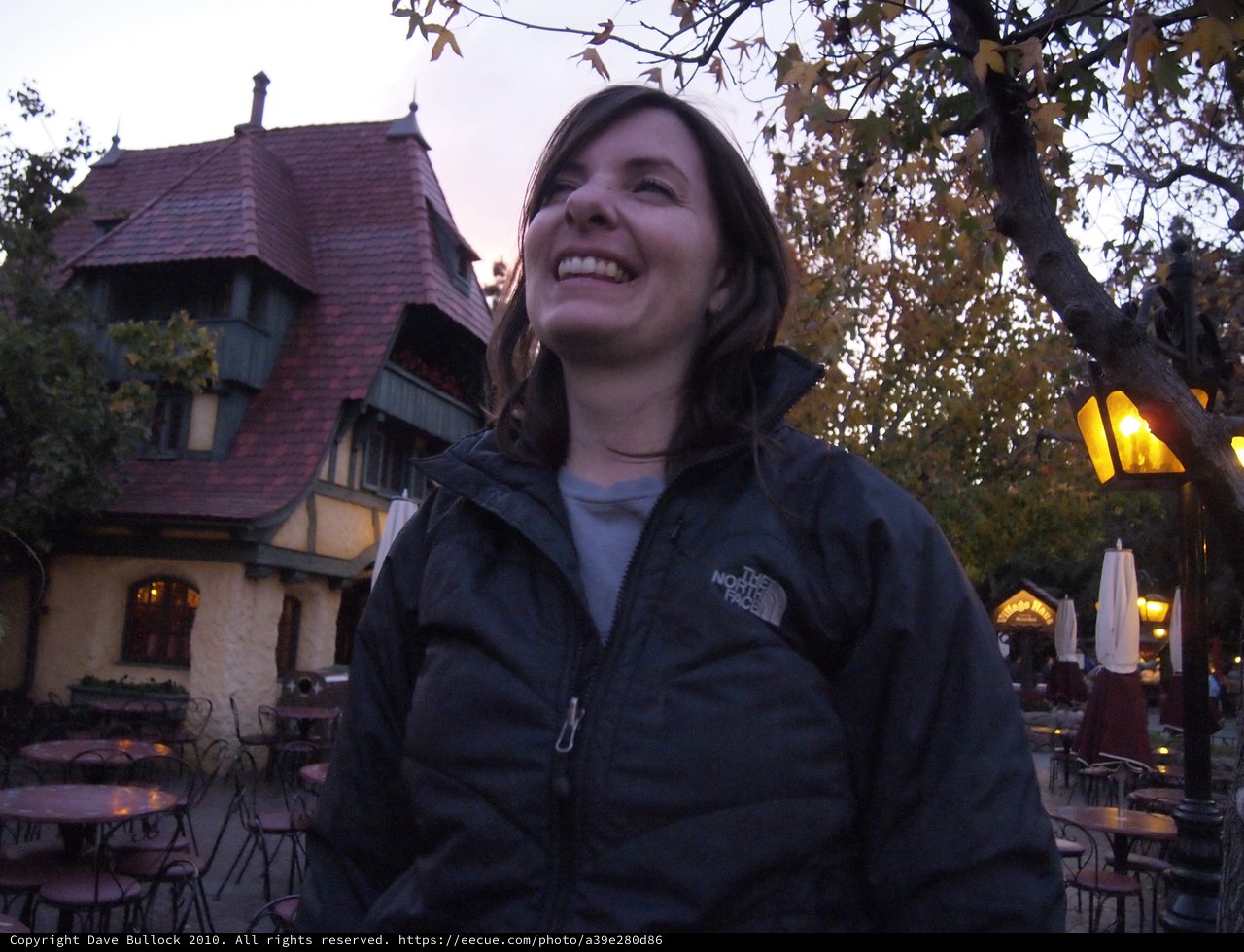 Joyful Woman Smiling at Dusk in Fairy-Tale Setting