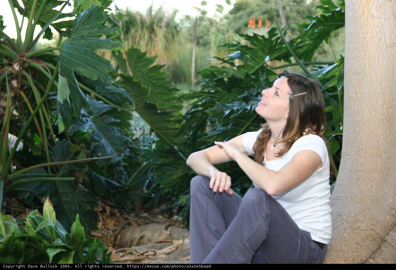 Woman Gazing Upward in Lush Tropical Garden