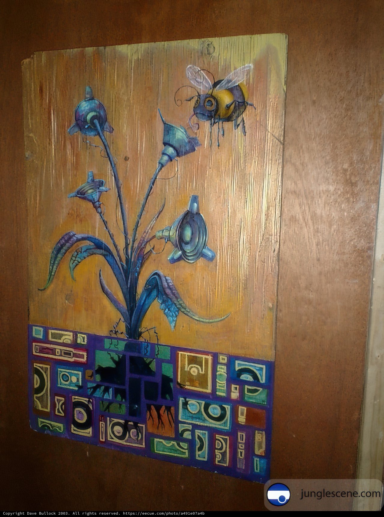 Bee and Flowers on Wooden Wall