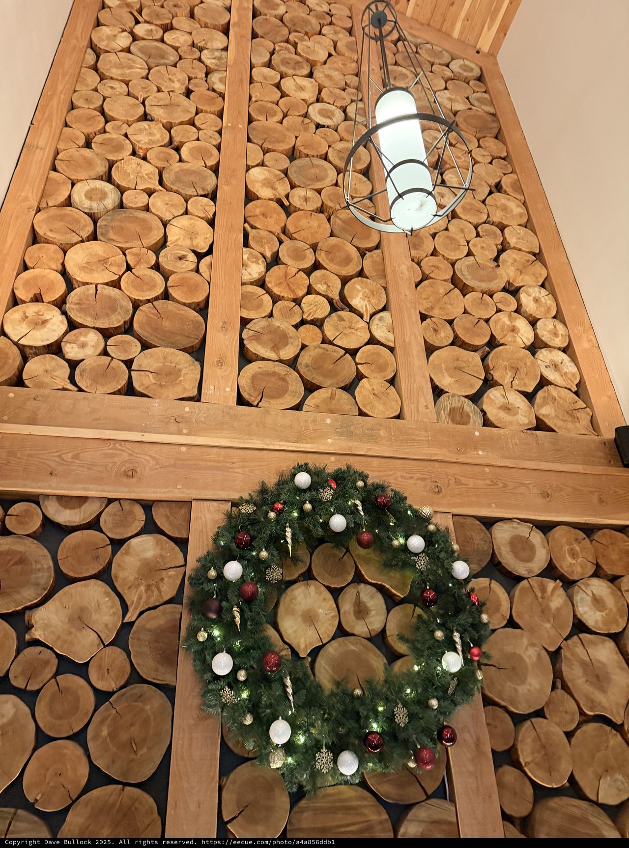 Christmas Wreath on Rustic Log Cross-Section Wall