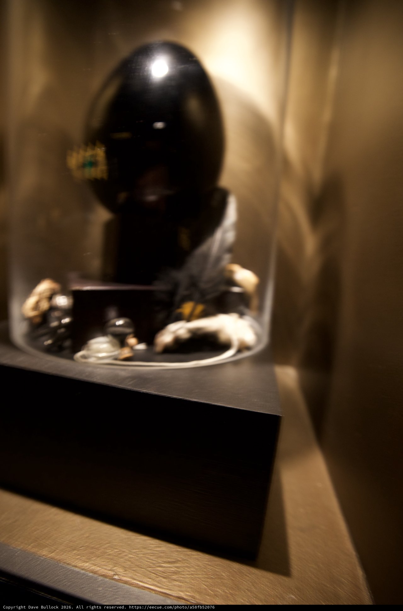 Dark Sculptural Mask Display in Glass Case