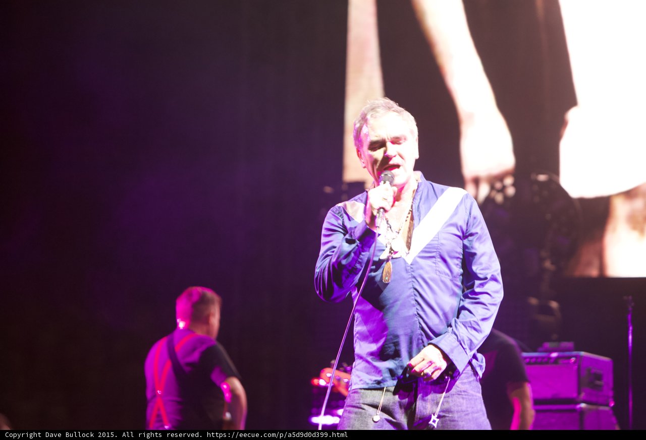 Morrissey Singing Blue Shirt Necklaces Prominent Bassist Red Strap Blurred Smiths Dangling Hands Screen