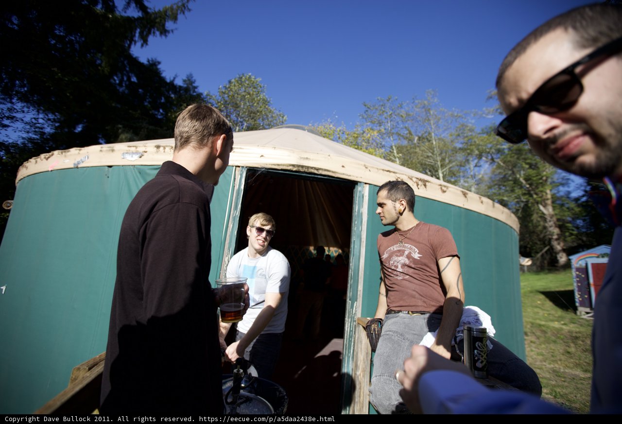 Three Men Enjoying the Great Outdoors in a Yurt