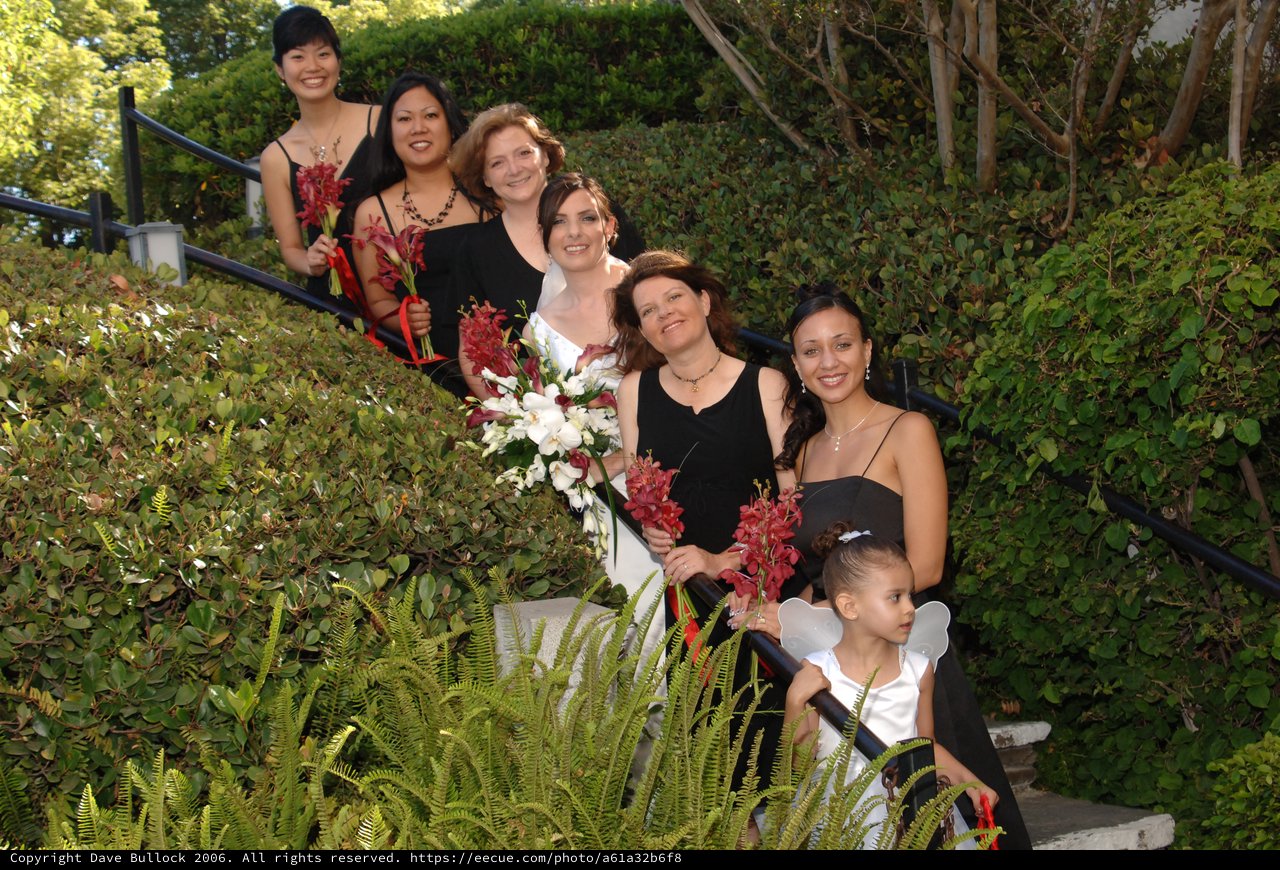 Bridal Party Poses on Garden Staircase with Bouquets