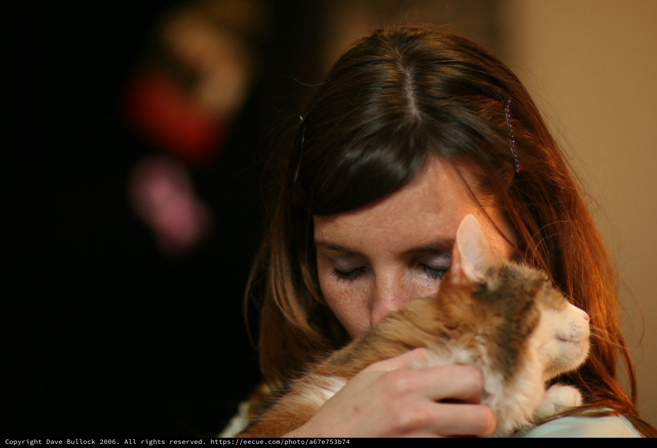 Tender Moment: Woman Nuzzles Orange Tabby Kitten