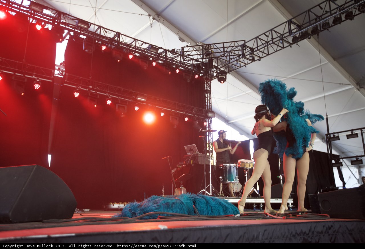 Blue Feathered Performers on Stage