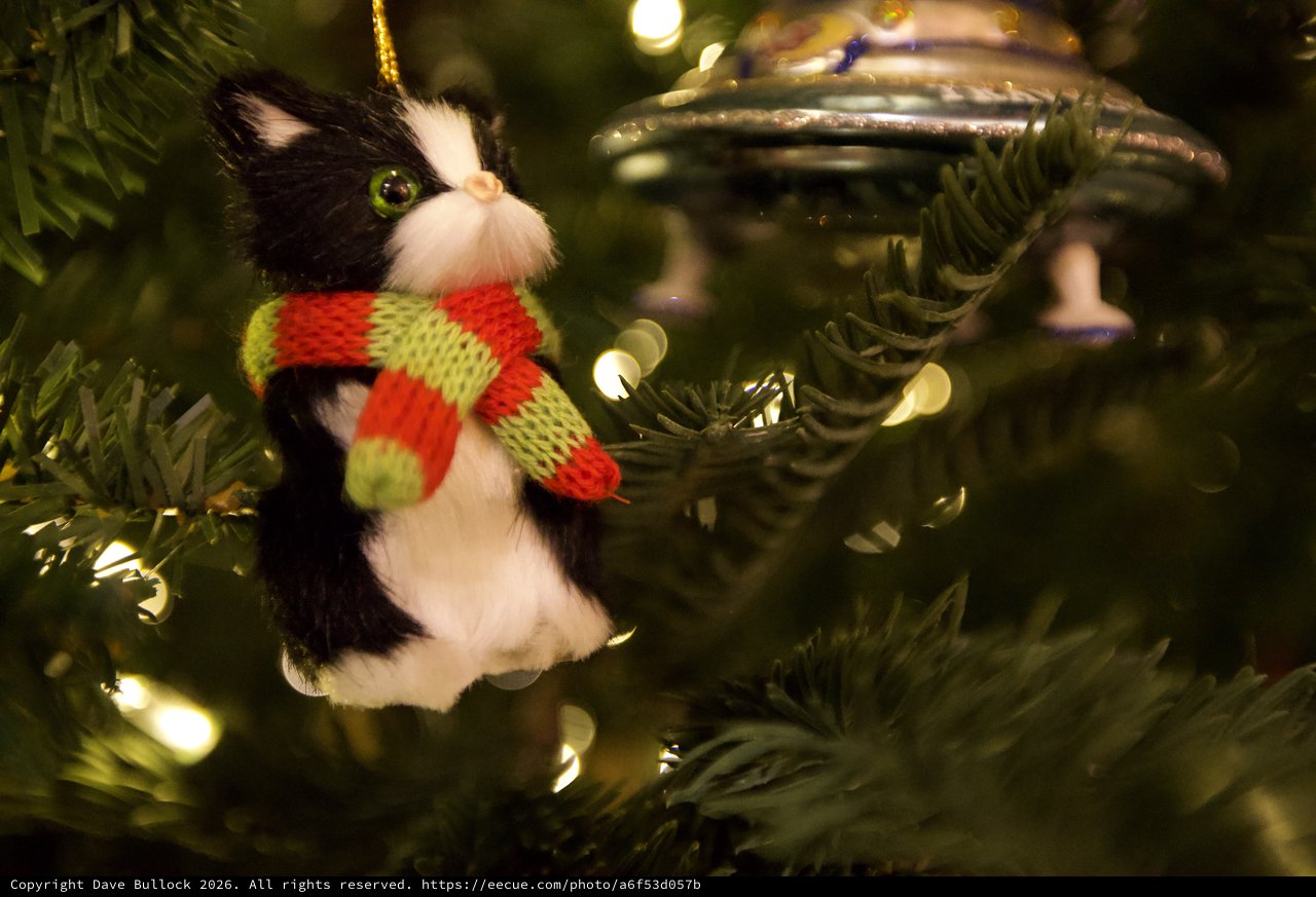 Black and White Cat Christmas Ornament with Festive Scarf