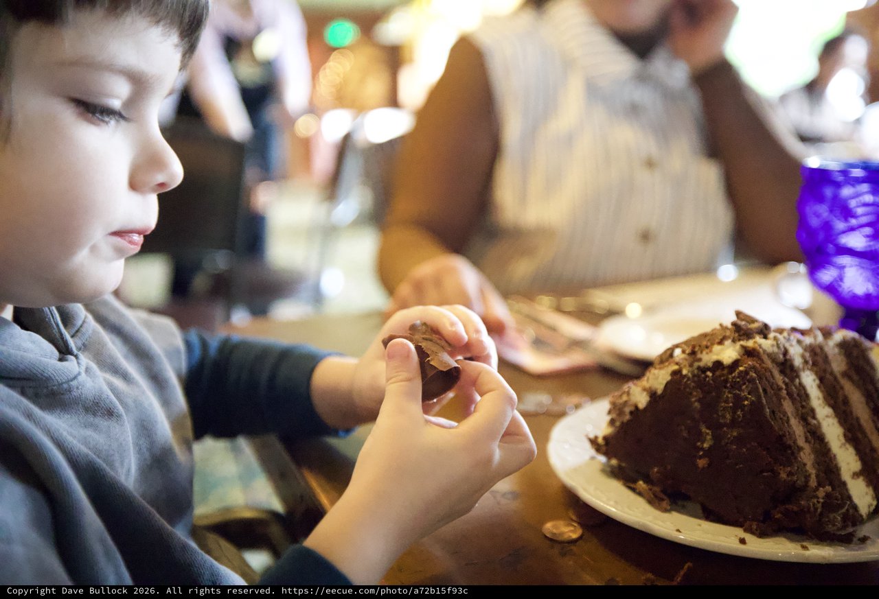 Young Boy Enjoying Chocolate Cake at Family Gathering