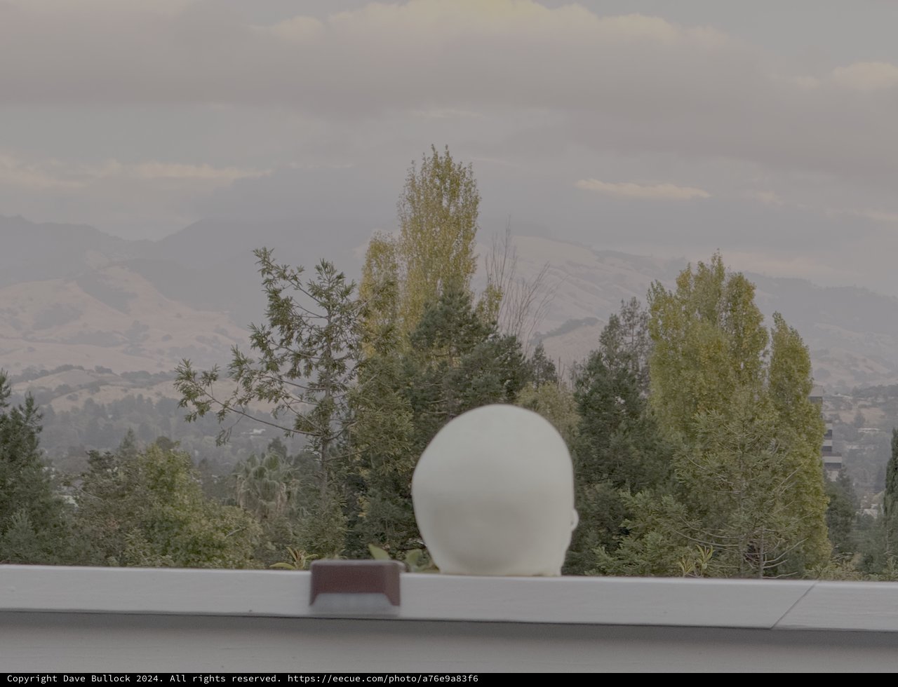 White Sculptural Head Against Mountain Landscape
