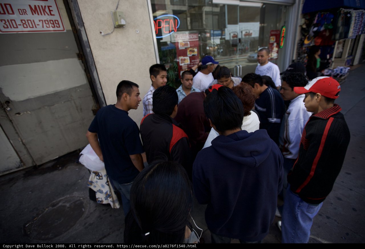 Gathering outside the storefront