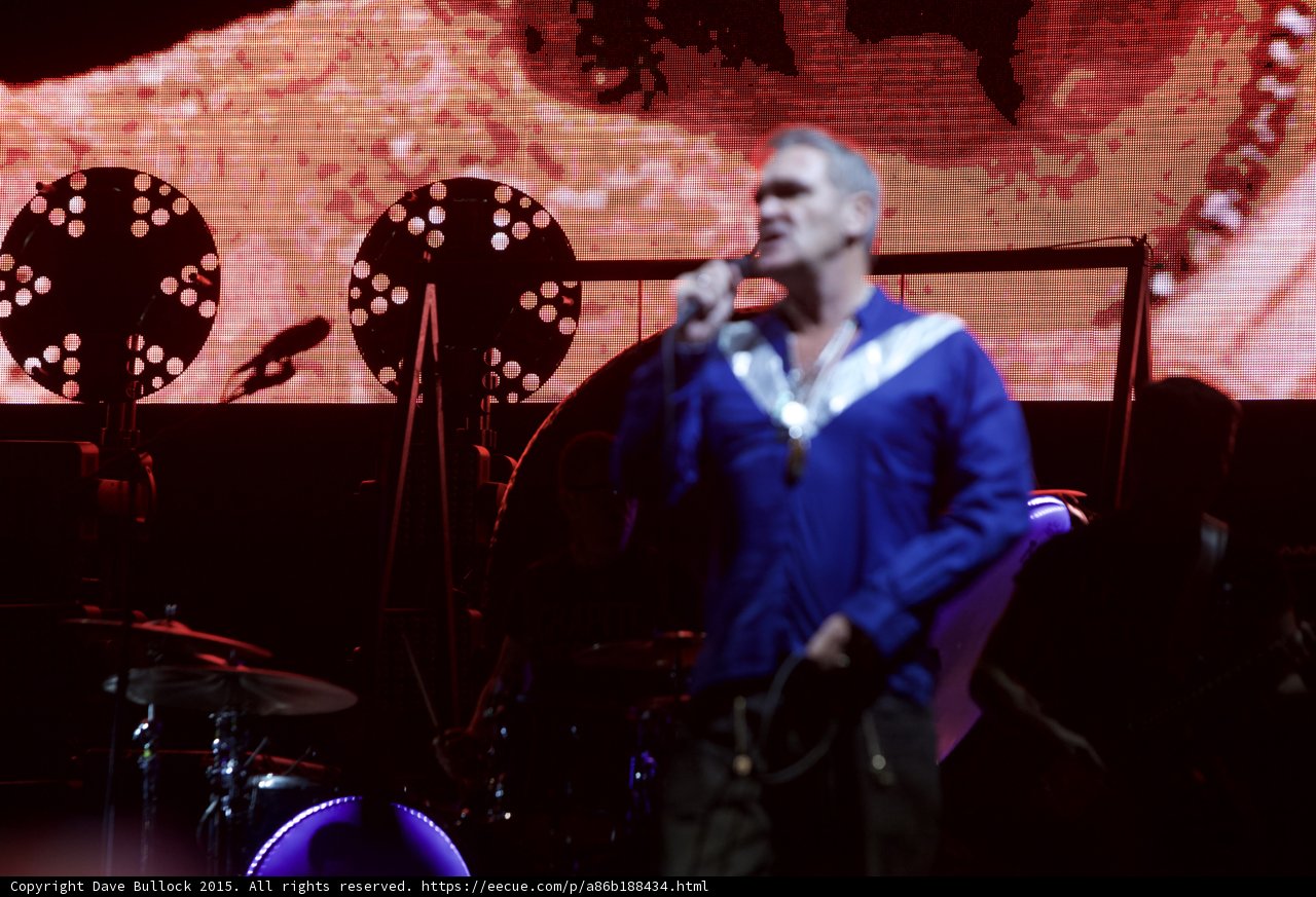 Morrissey Motion Blur Blue Shirt Two Circular Lights Drums LED Head Purple Red Video Screen