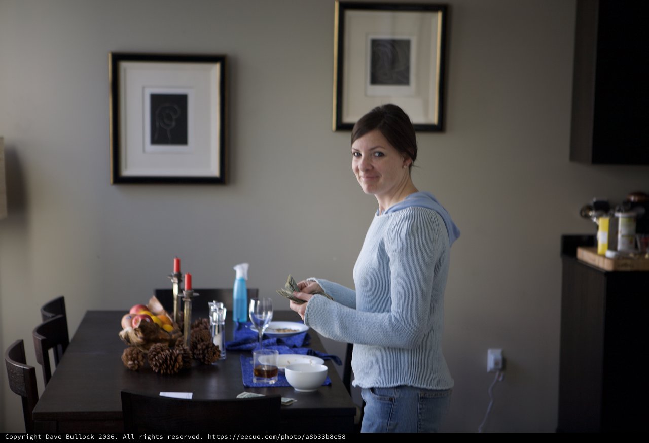 Woman Counting Cash at Home Dining Table