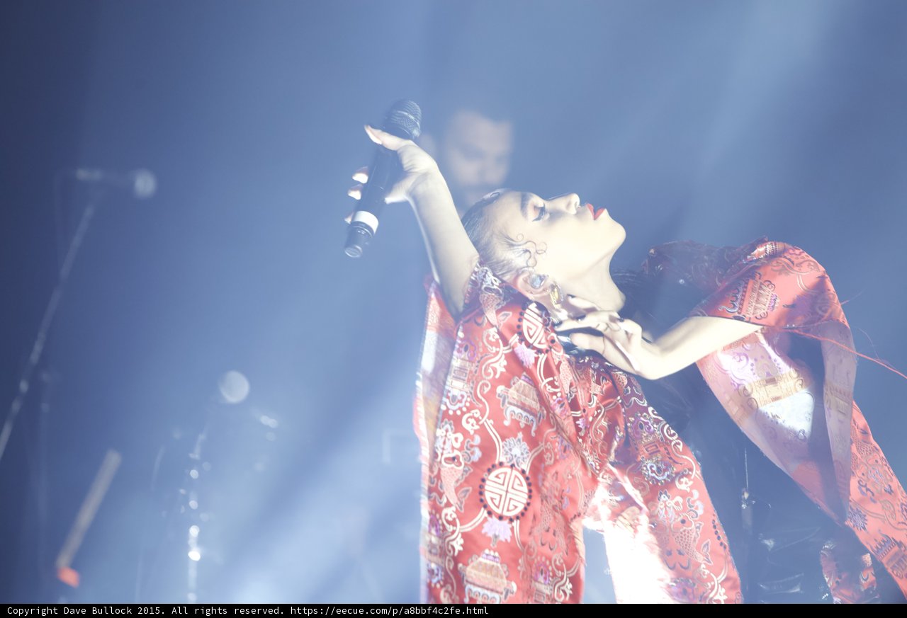 FKA twigs Profile Looking Upward Microphone Extended Red Brocade Kimono Light Beams Band Background
