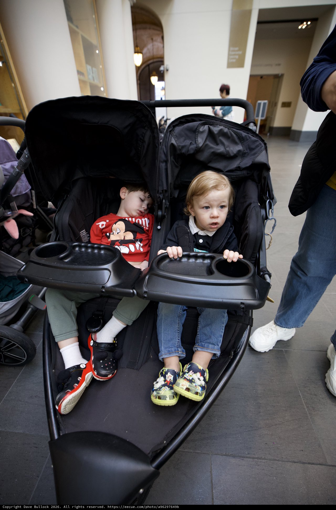 Two Toddlers in Double Stroller at Museum Visit