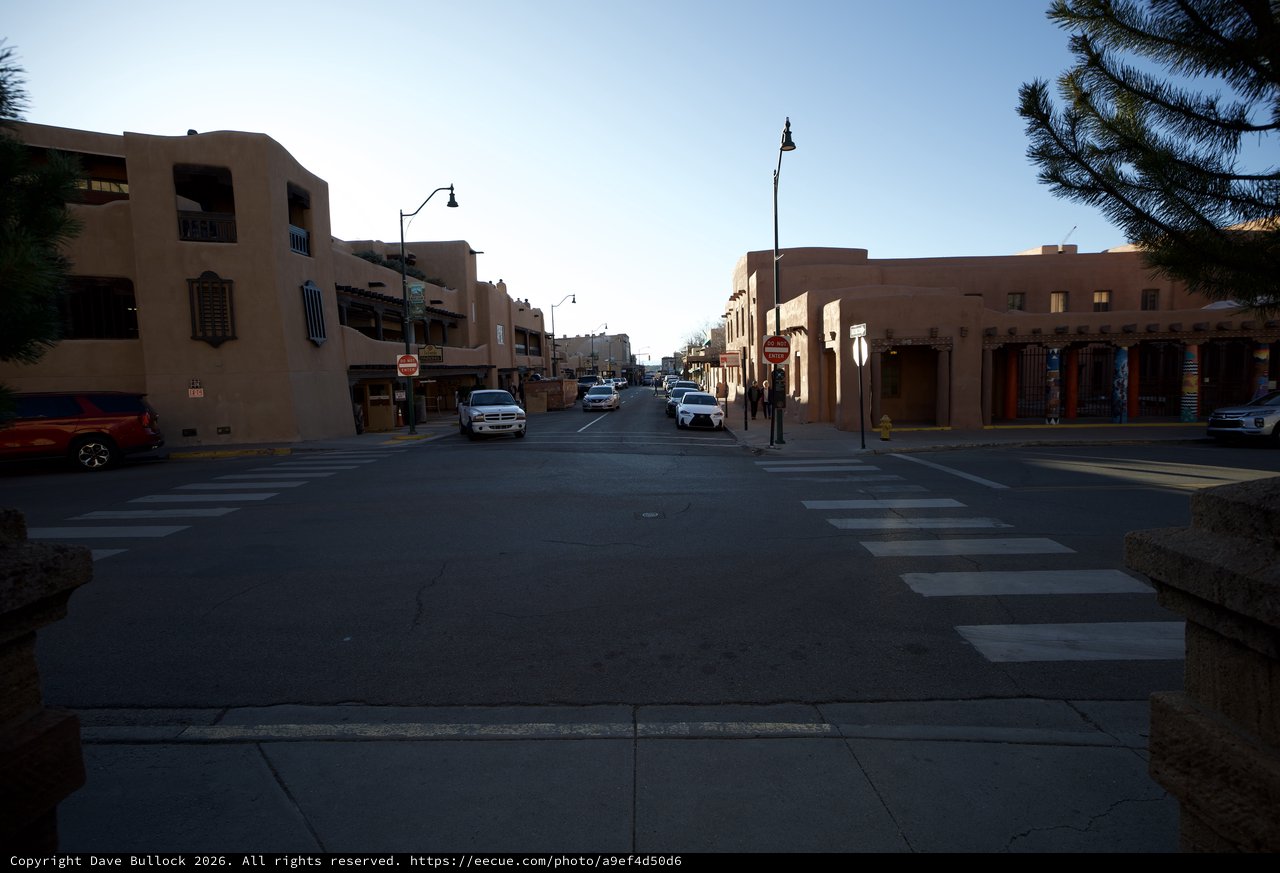 Historic Adobe Architecture Along Santa Fe Street at Dusk