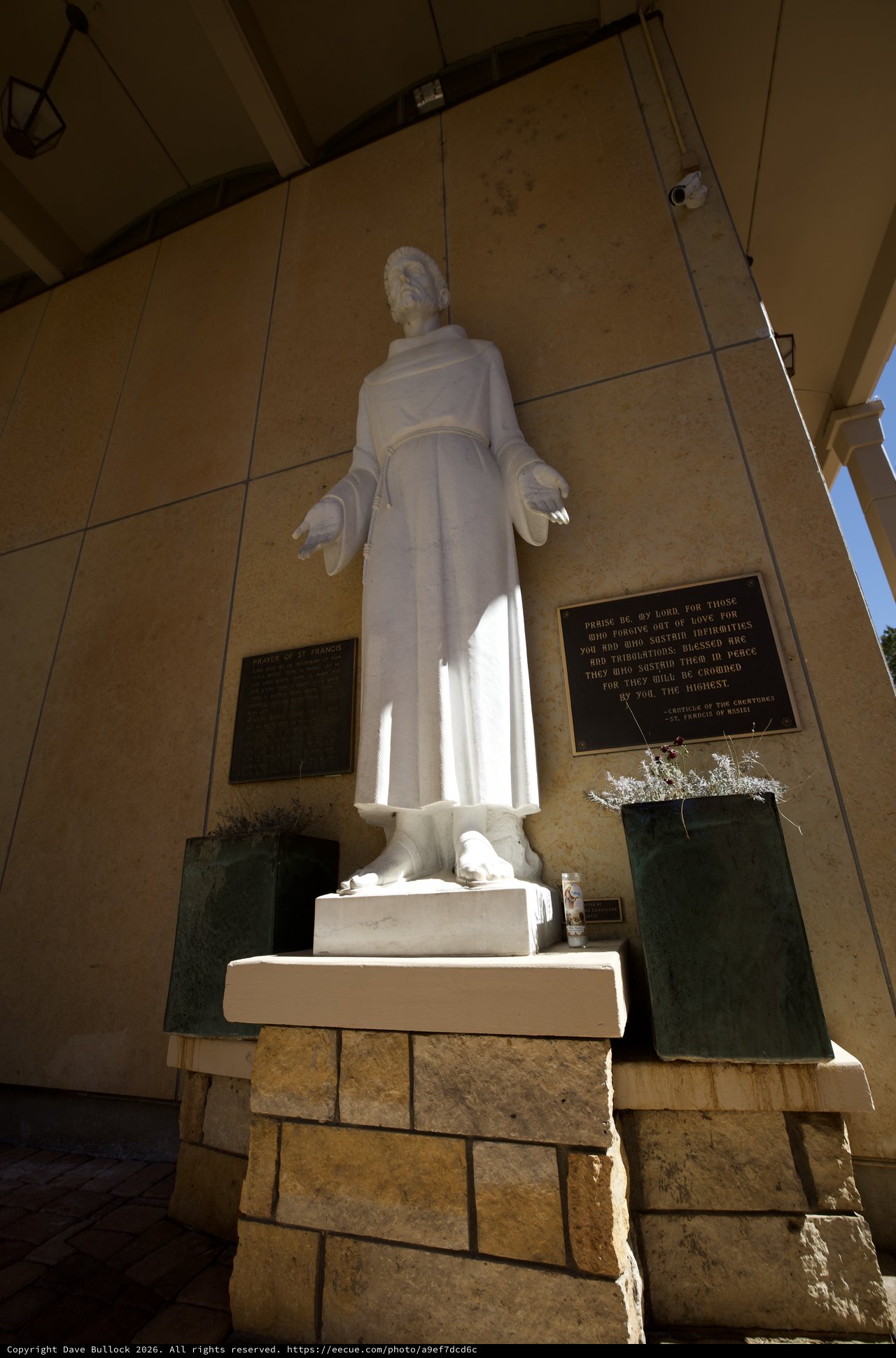 White Marble Statue of St. Francis in Stone Alcove