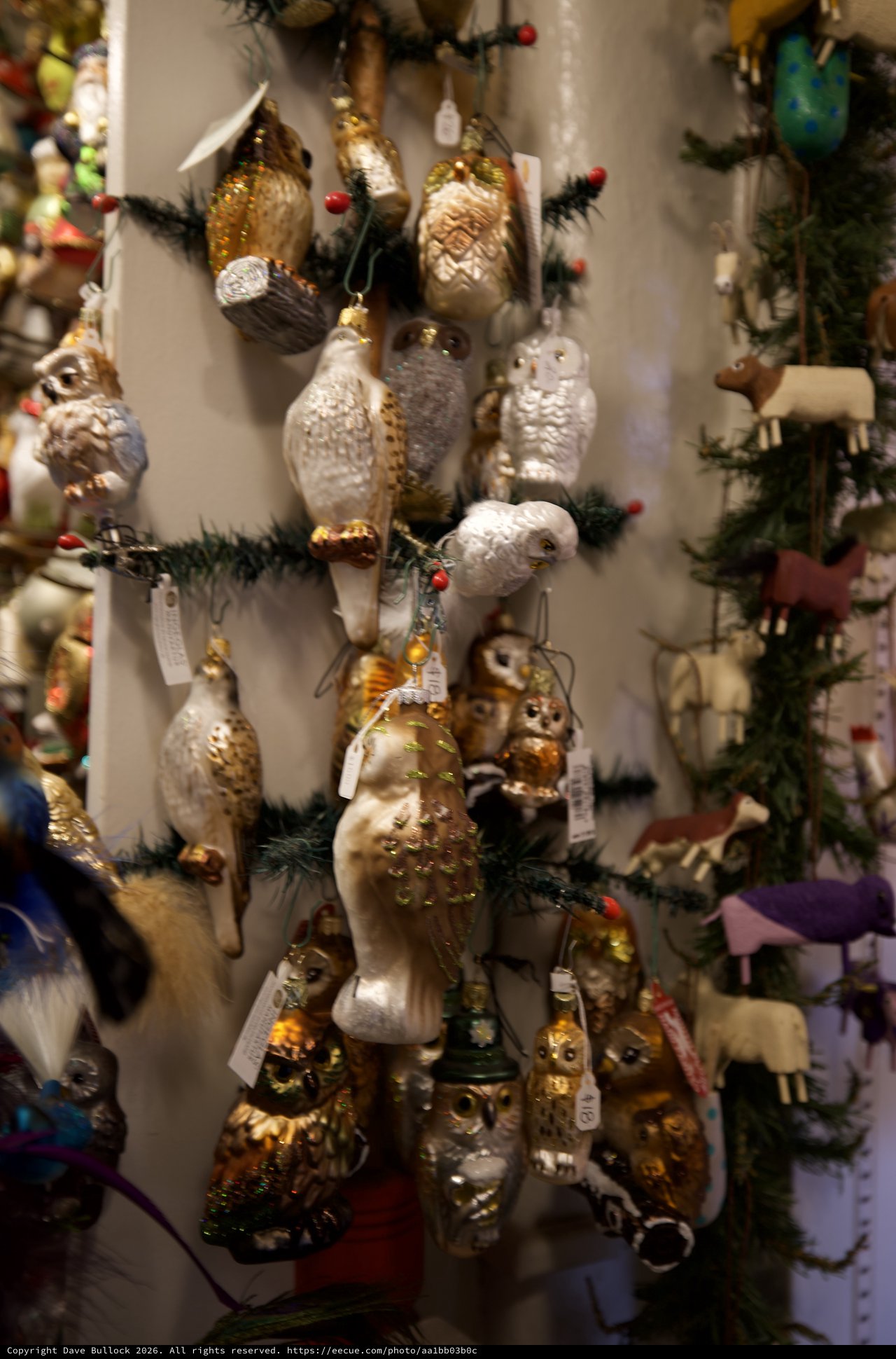Ornate Bird Christmas Ornament Display at Holiday Shop