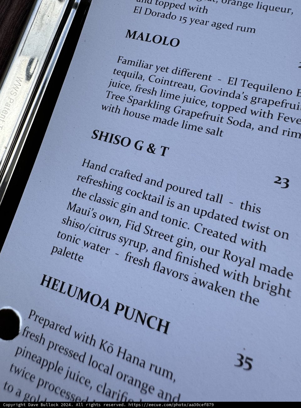 Menu Détails at The Royal Hawaiian