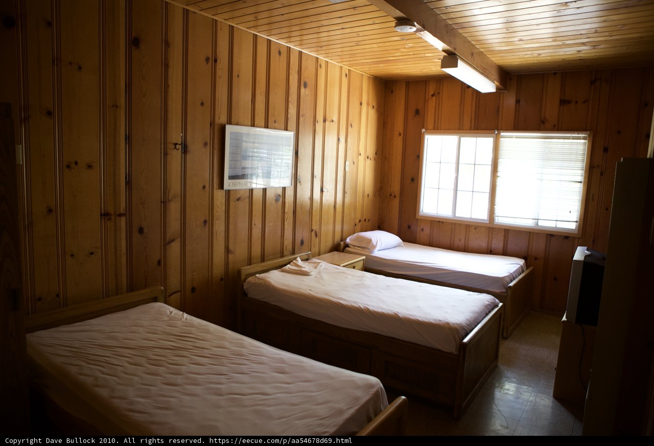 Cozy Wood-paneled Bedroom with Three Beds and TV